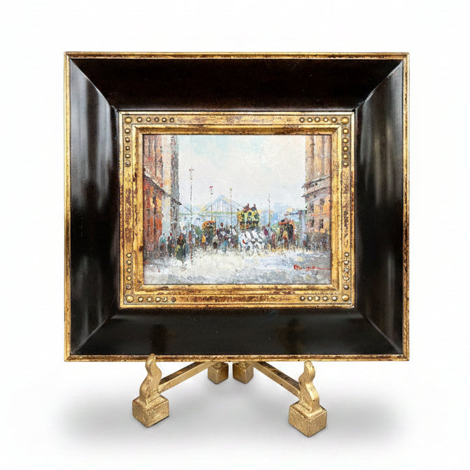 European street scene with marching horses, impressionist oil on canvas | Cayen Home