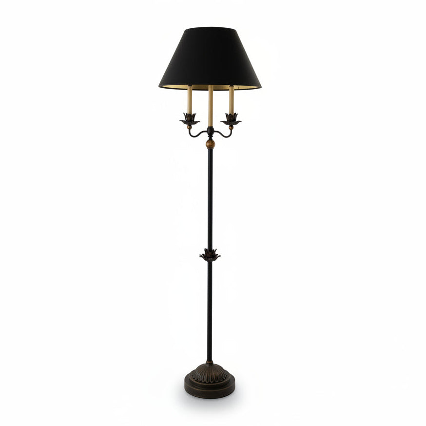Gold gilt sphere and acanthus floor lamp with black shade | Cayen Home