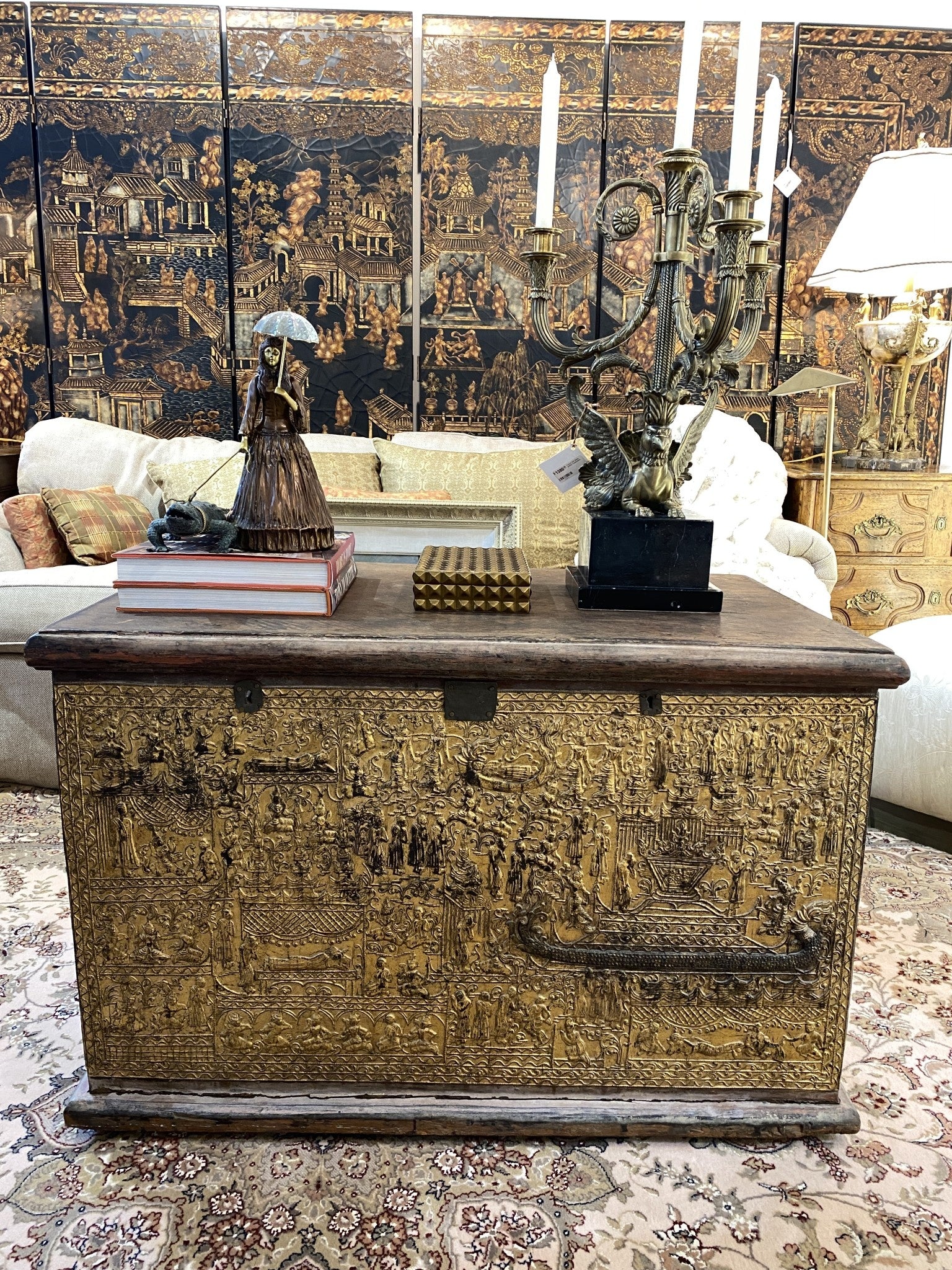 Southeast Asian gilt repousse decorated chest, view 2 | Cayen Home