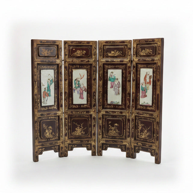 Chinese porcelain and lacquered wood four-panel table screen | Cayen Home