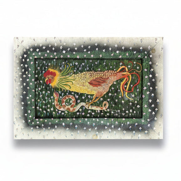 Colorful mermaid-like creature with a snake-like tail in a decorative frame.