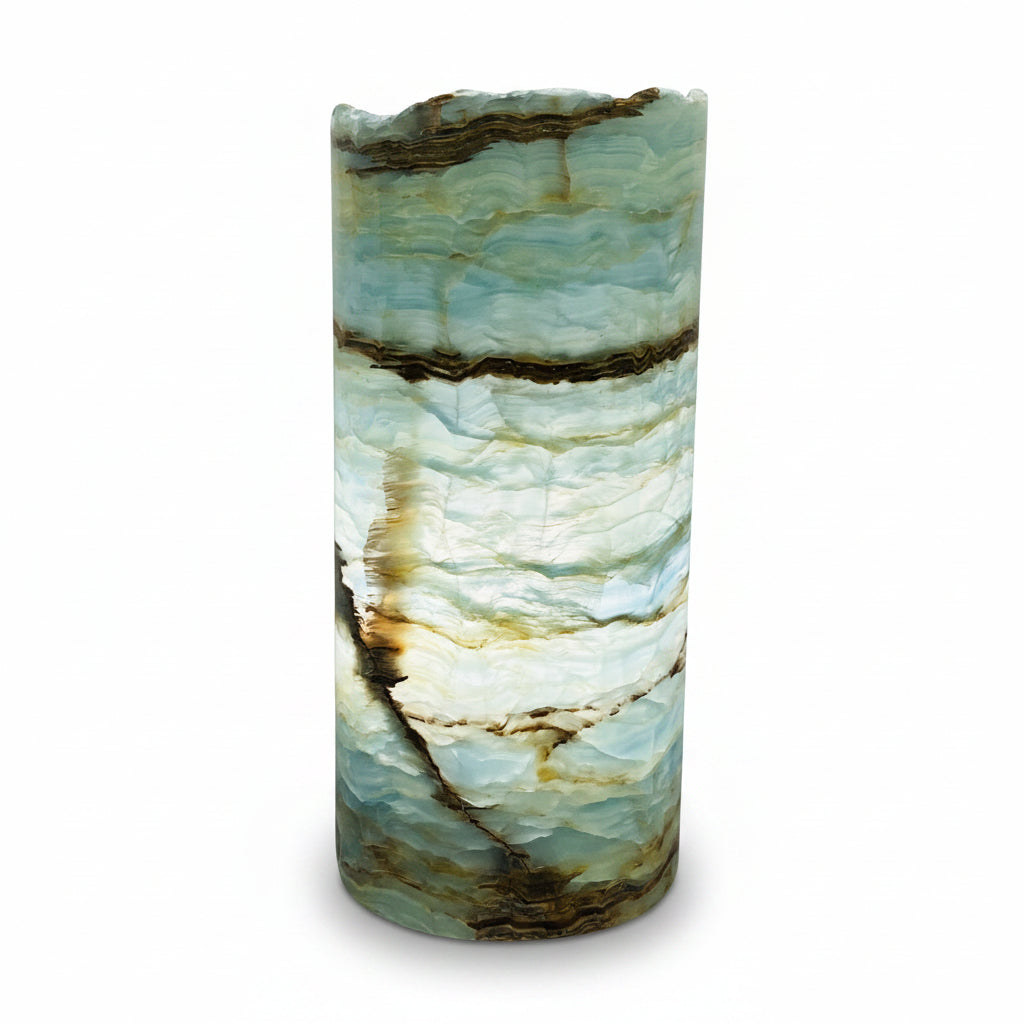 Blue Onyx cylindrical lamp on a white background