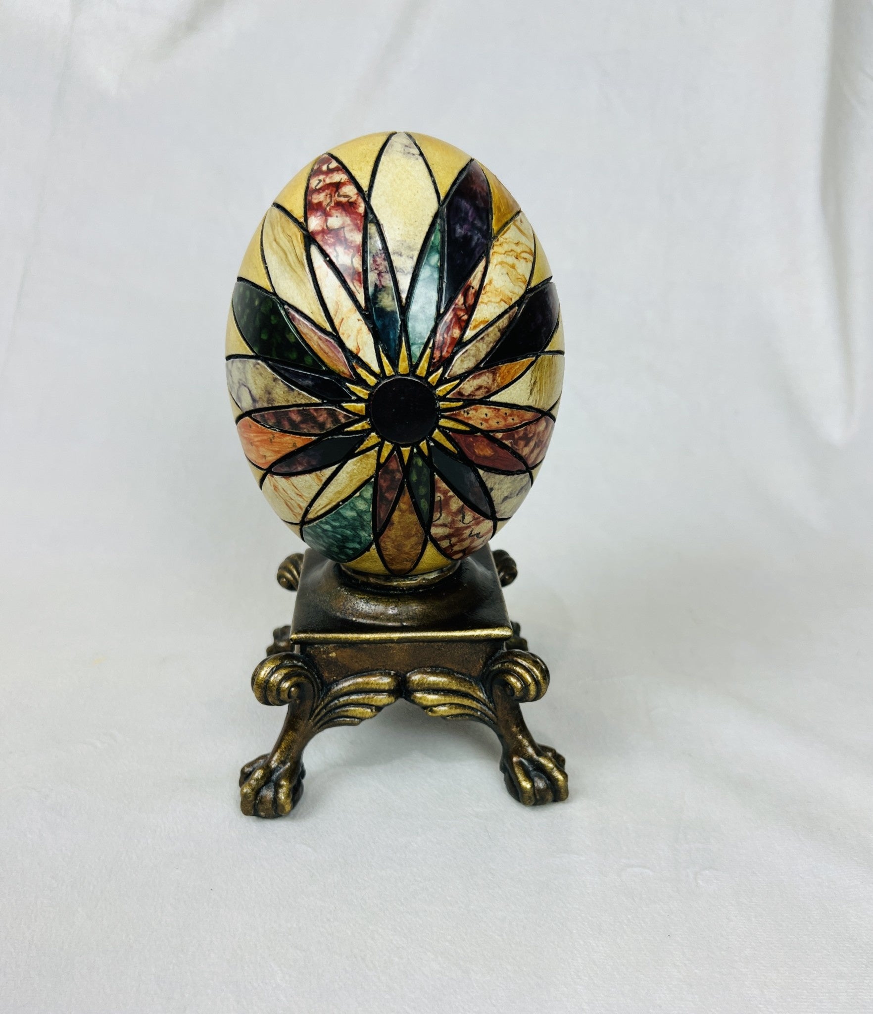 Polychrome egg on antiqued brass stand, view 2 | Cayen Home