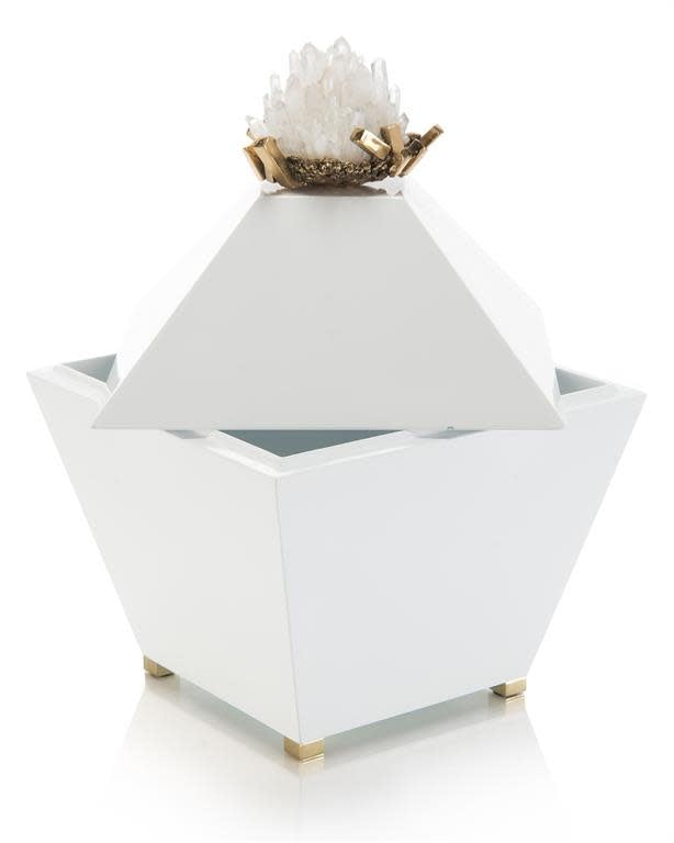 John-Richard quartz crystal and brass cluster on white box, view 2 | Cayen Home