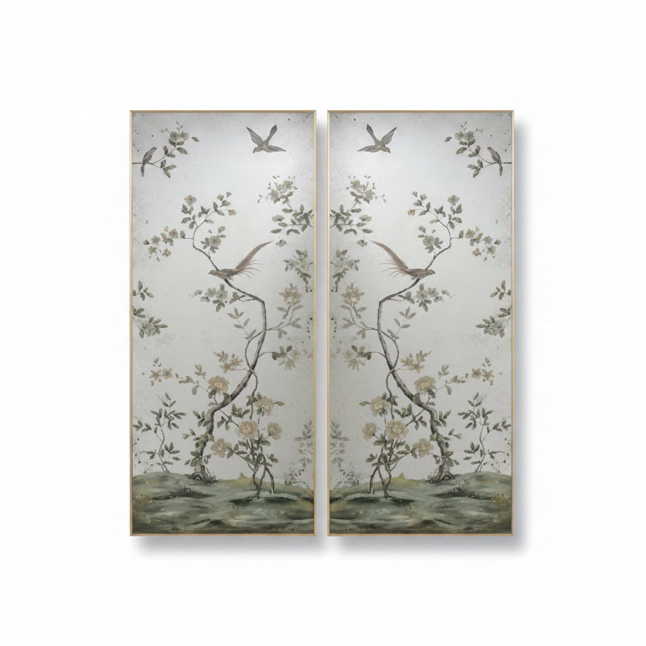 John-Richard eglomise birds on branch Roku mirror panels, set of two | Cayen Home