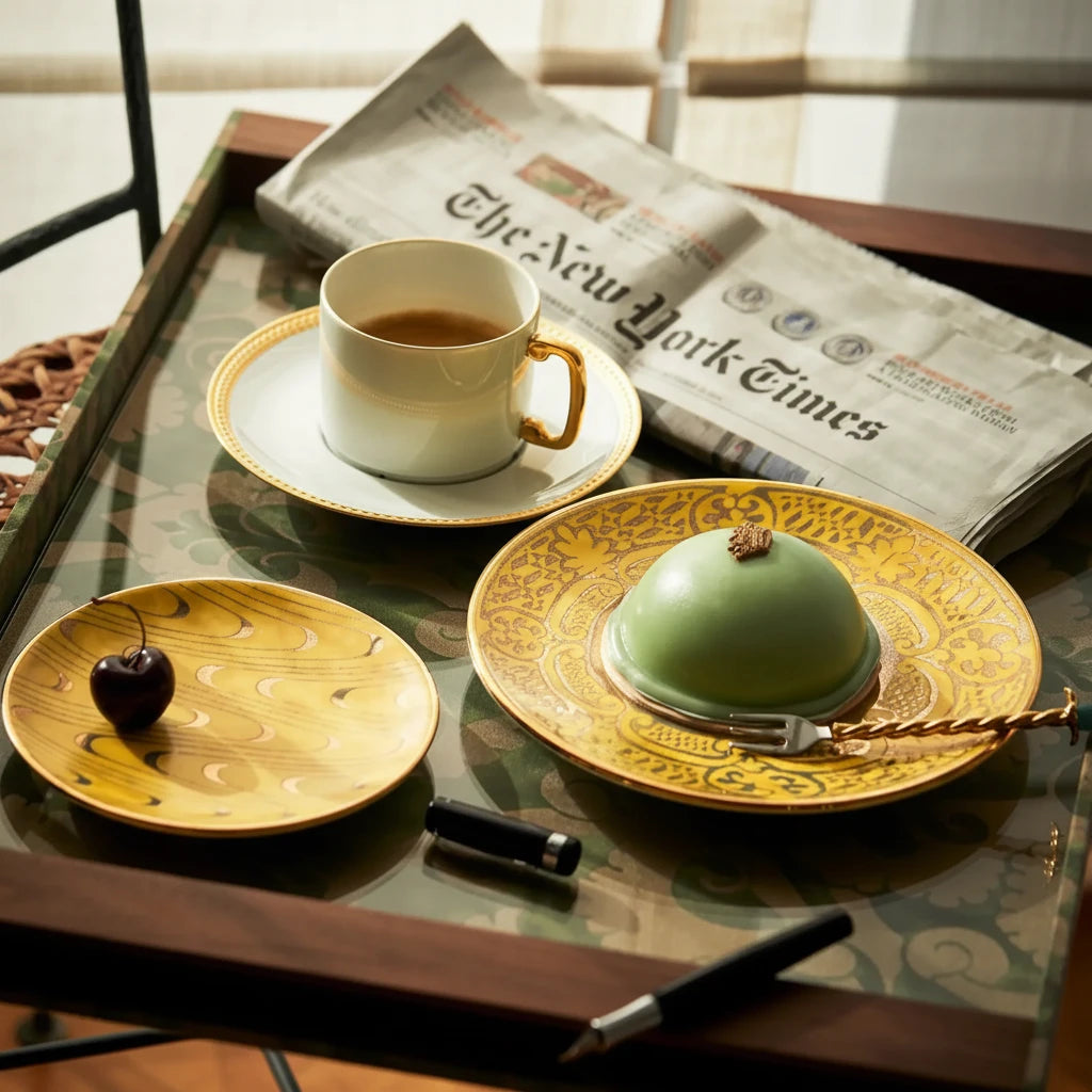 L'Objet Fortuny Orsini yellow dessert plates, set of 4, view 7 | Cayen Home