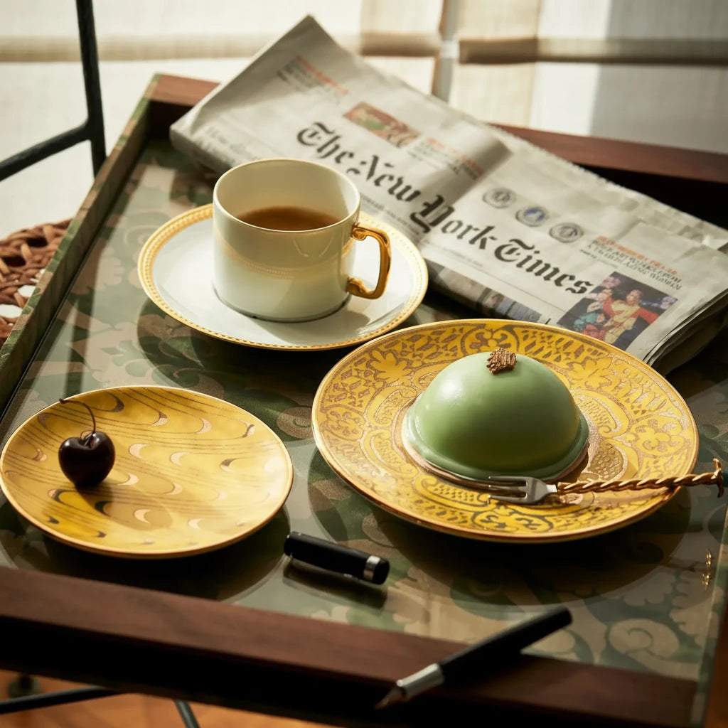 L'Objet Fortuny Apollo yellow canape plates, set of 4, view 8 | Cayen Home