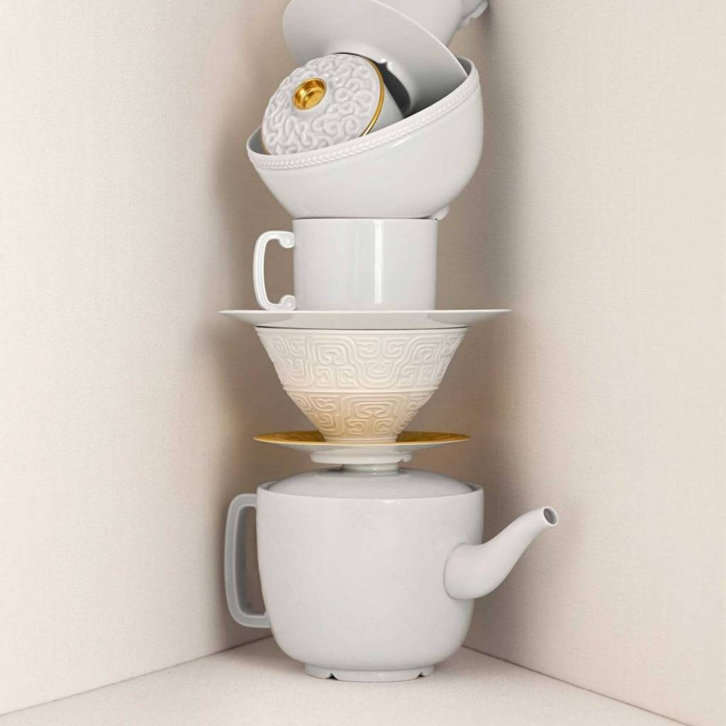 L'Objet Soie Tressee gold espresso cup and saucer, gift box of 6, view 2 | Cayen Home