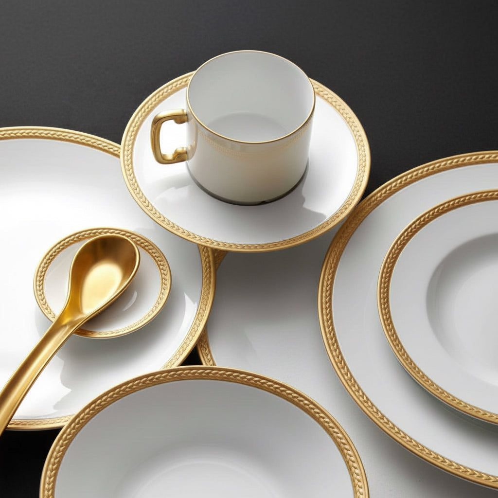 L'Objet Soie Tressee gold tea cup and saucer, gift box of 2, view 2 | Cayen Home