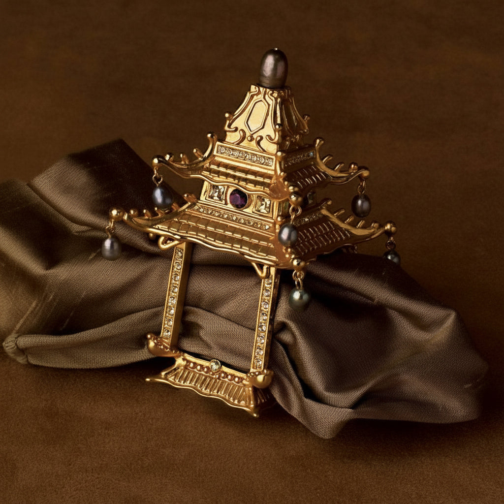 L'Objet Pagoda napkin rings, gold with pearls and crystals, set of 2, view 3 | Cayen Home
