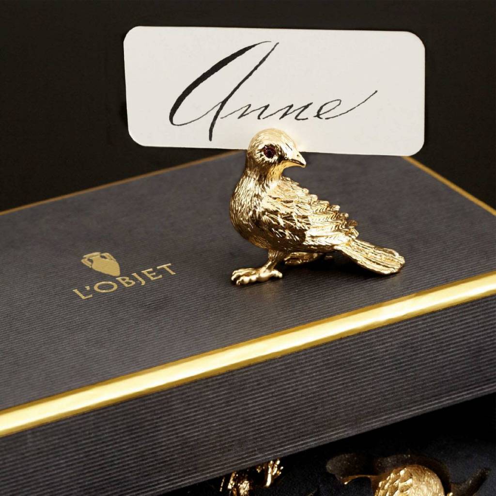 L'Objet bird napkin rings, platinum with blue crystals, view 3 | Cayen Home