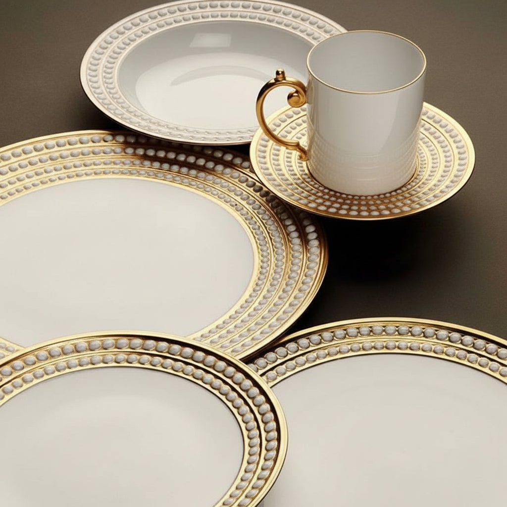 L'Objet Perlae gold espresso cup and saucer, gift box of 6, view 3 | Cayen Home