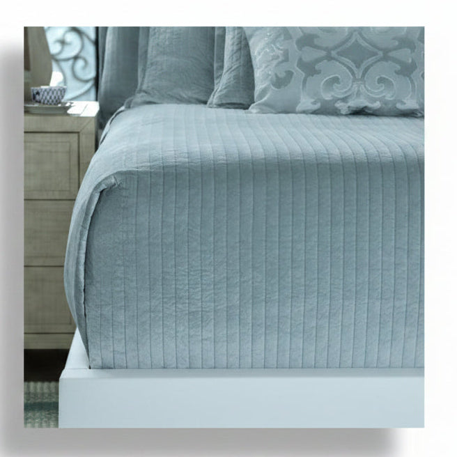 Lili Alessandra Aria quilted coverlet, sky matte velvet, queen, 96x98 | Cayen Home