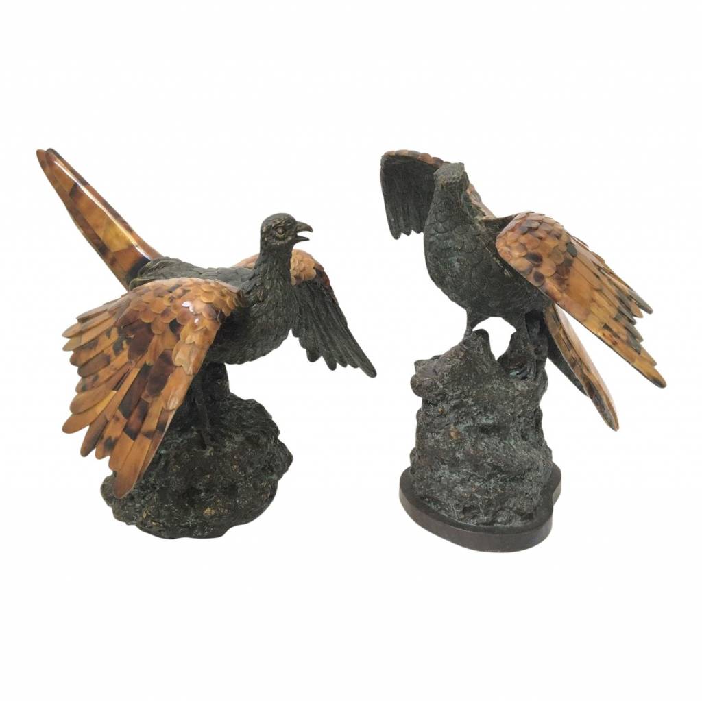 Maitland-Smith verdigris brass birds with tiger penshell, set of two | Cayen Home
