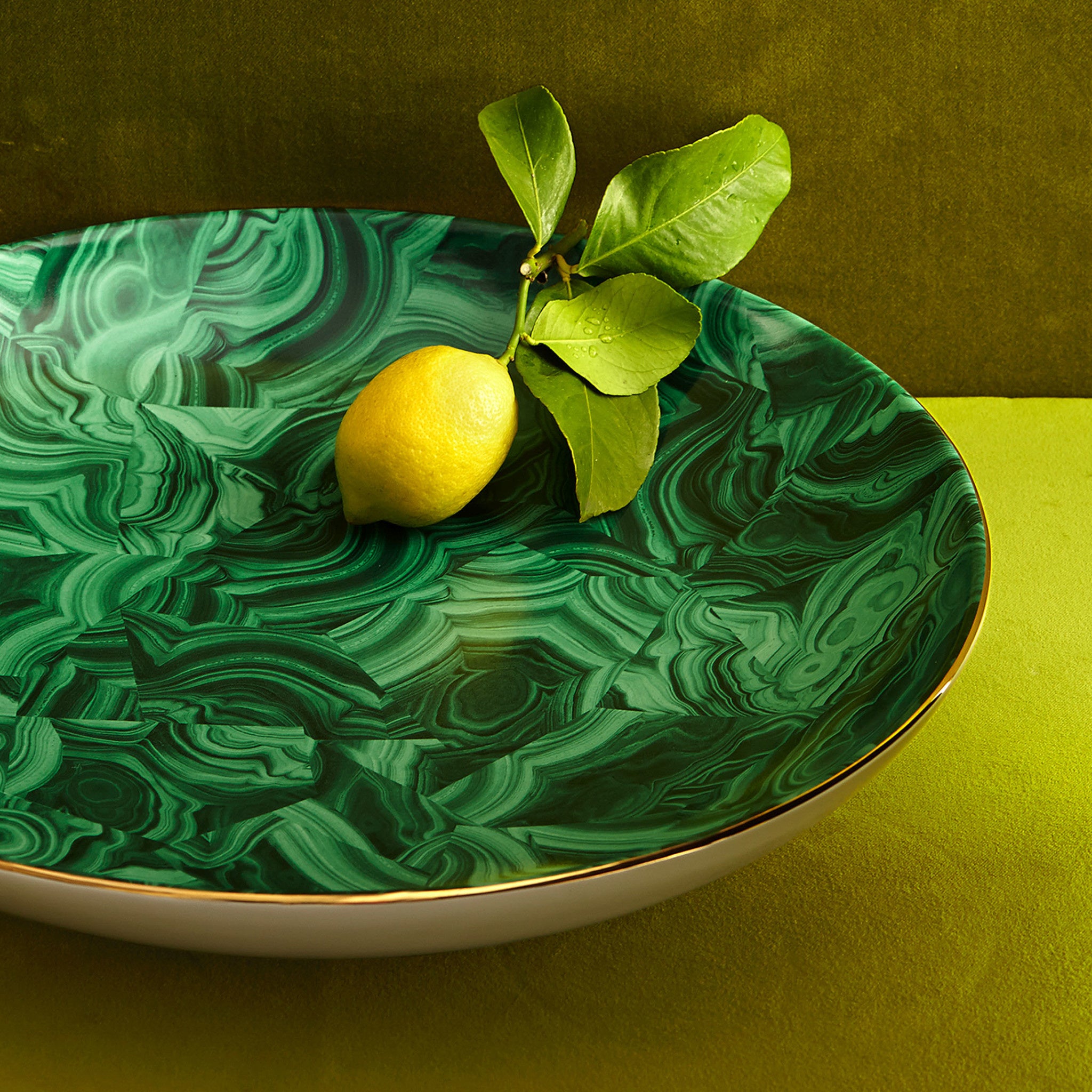 L'Objet Malachite round platter, 18 inch, view 2 | Cayen Home