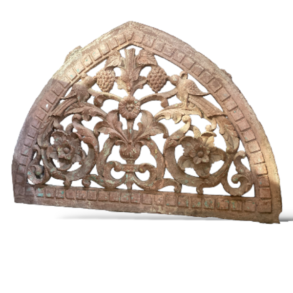Carved stone arch depicting birds and flowers, architectural element | Cayen Home