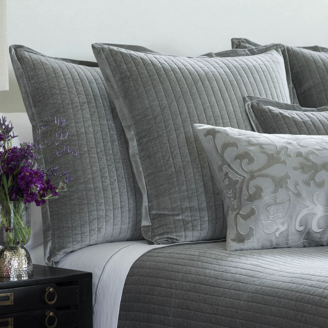 Lili Alessandra Aria quilted Euro pillow, light grey matte velvet, view 3 | Cayen Home