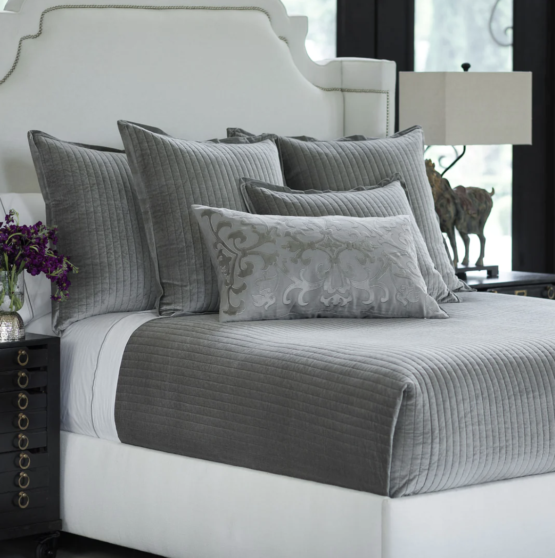 Lili Alessandra Aria quilted Euro pillow, light grey matte velvet, view 2 | Cayen Home