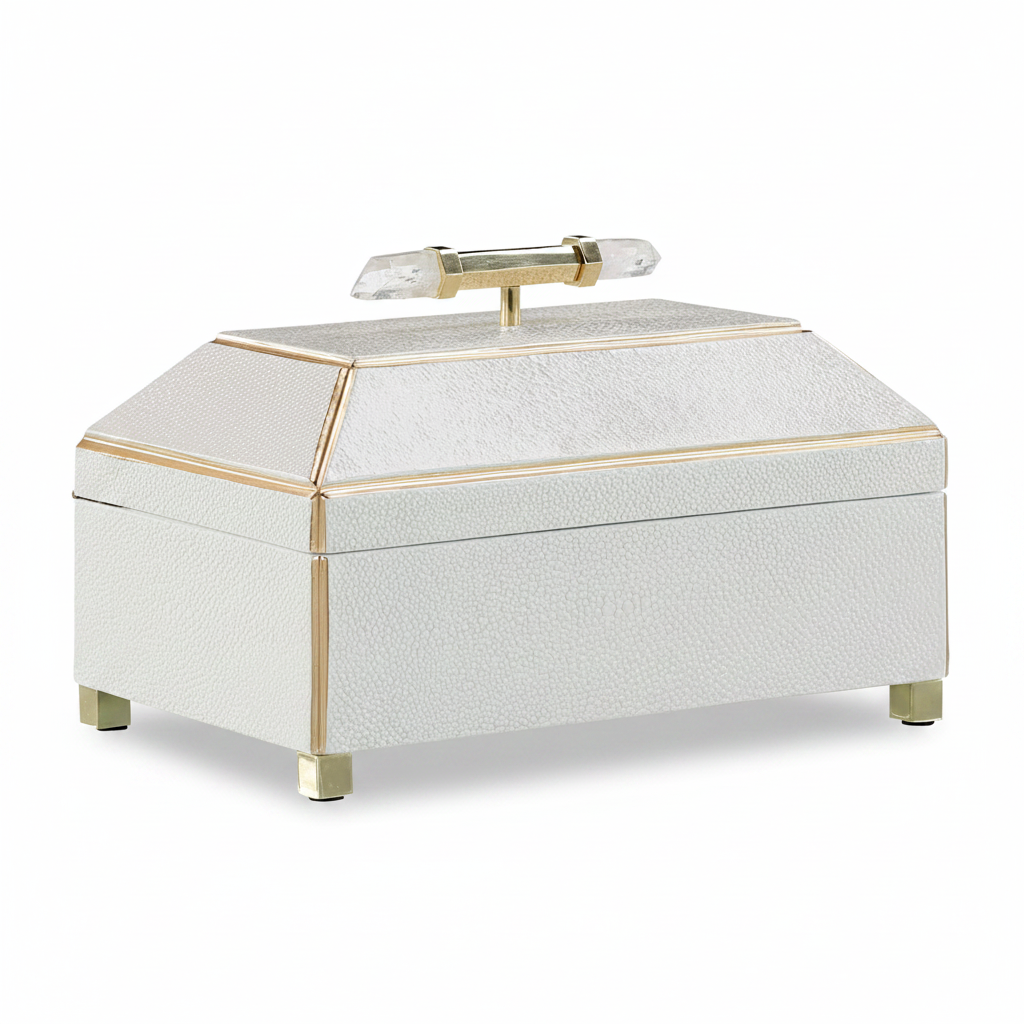Decorative jewelry box with gold accents on a white background