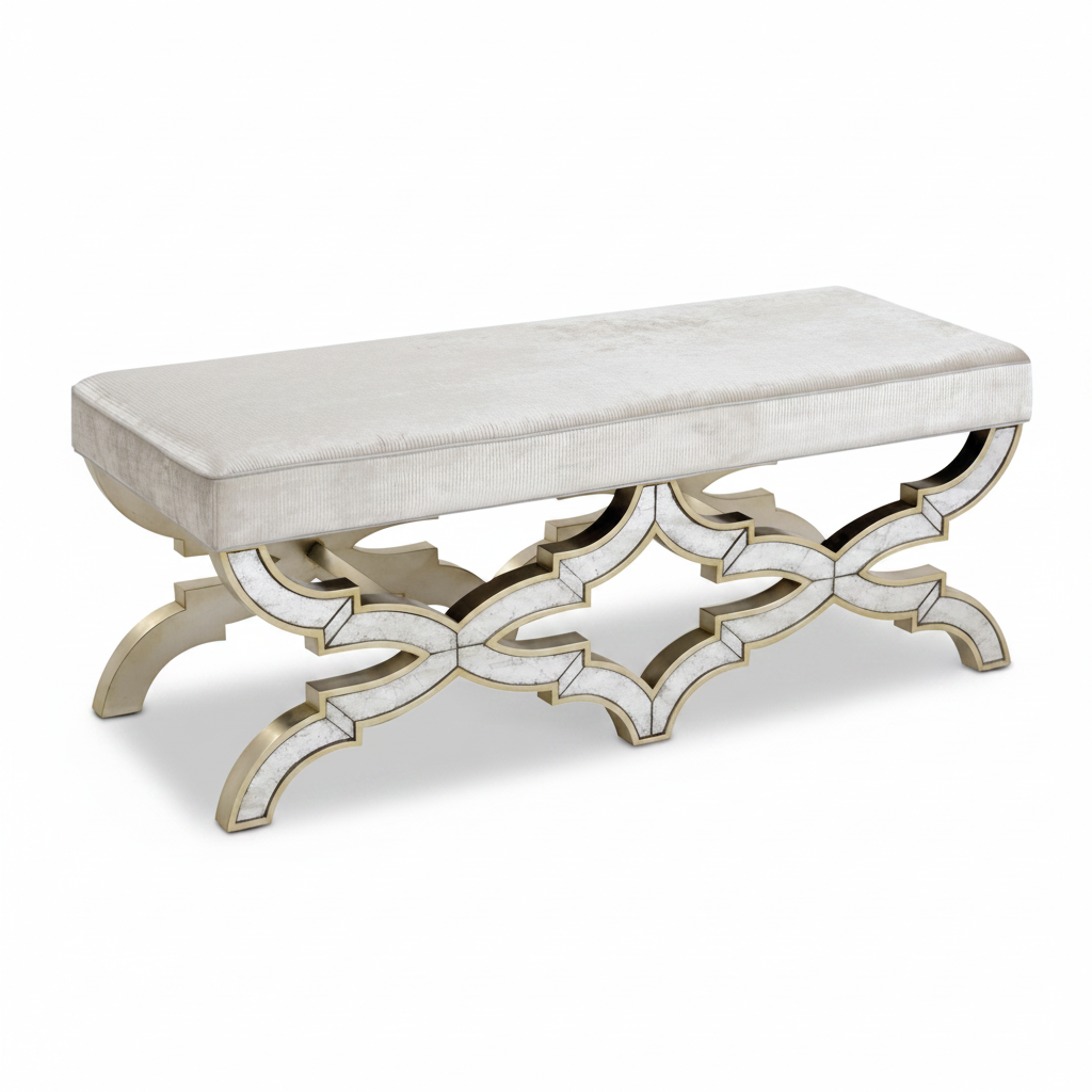 Decorative bench with marble top and intricate metal base on a white background
