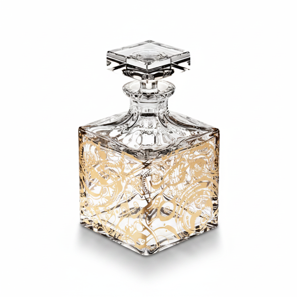 Clear glass decanter with gold intricate design of watch mechanisms on a white background