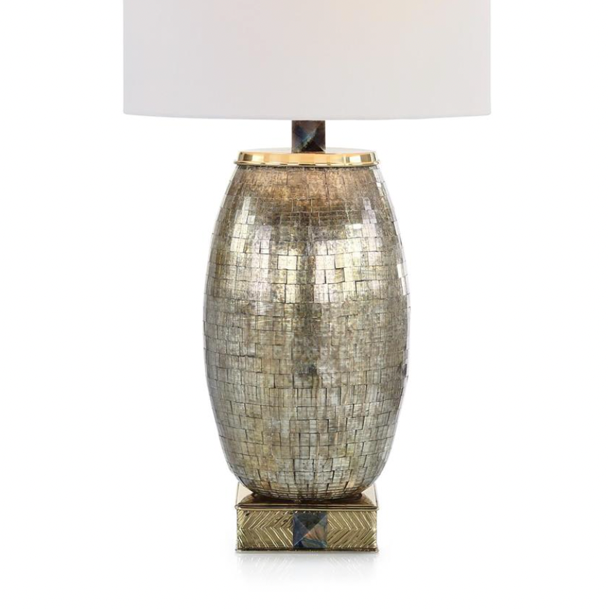 Decorative table lamp with a mosaic base on a white background