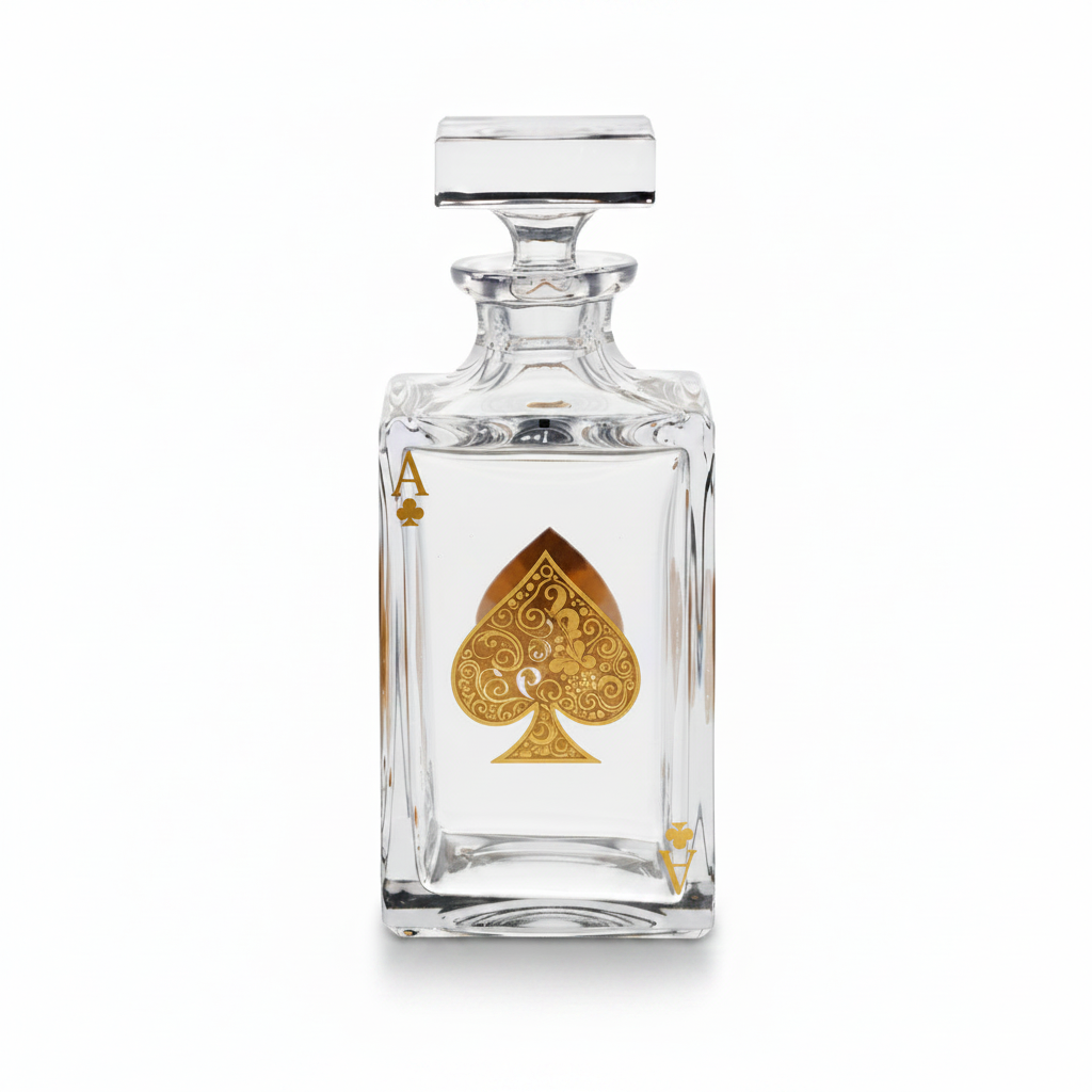 Clear glass decanter with gold card game emblem on a white background