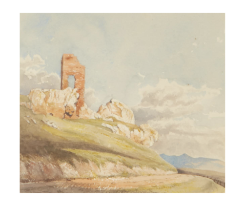 English School cliffside vista with ruins watercolor, A, view 2 | Cayen Home