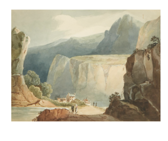 English School cliffside village vista watercolor, B, view 2 | Cayen Home