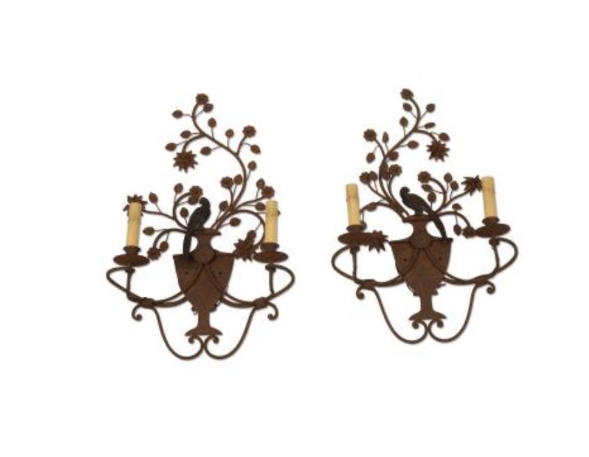 Pair of iron and tole two-light wall sconces, 20th century | Cayen Home