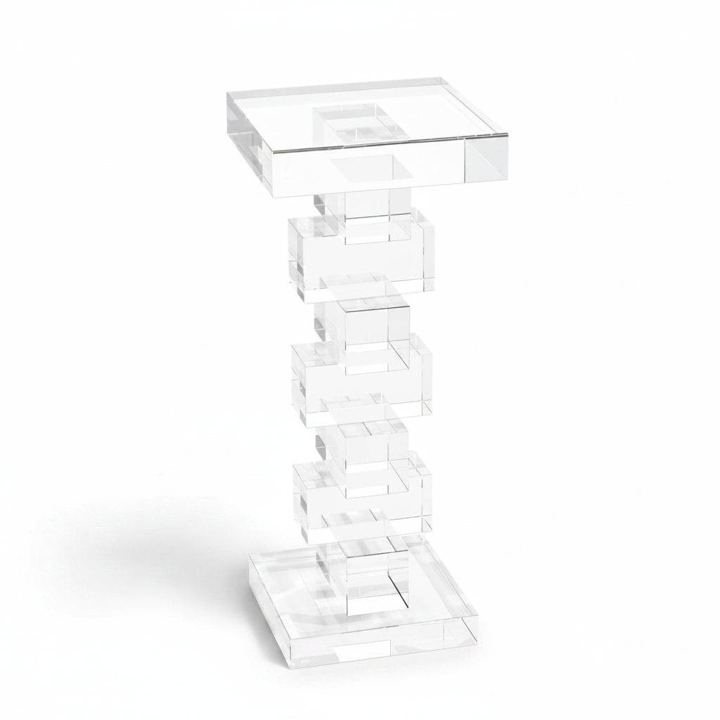 Clear crystalside table with a geometric design on a white background