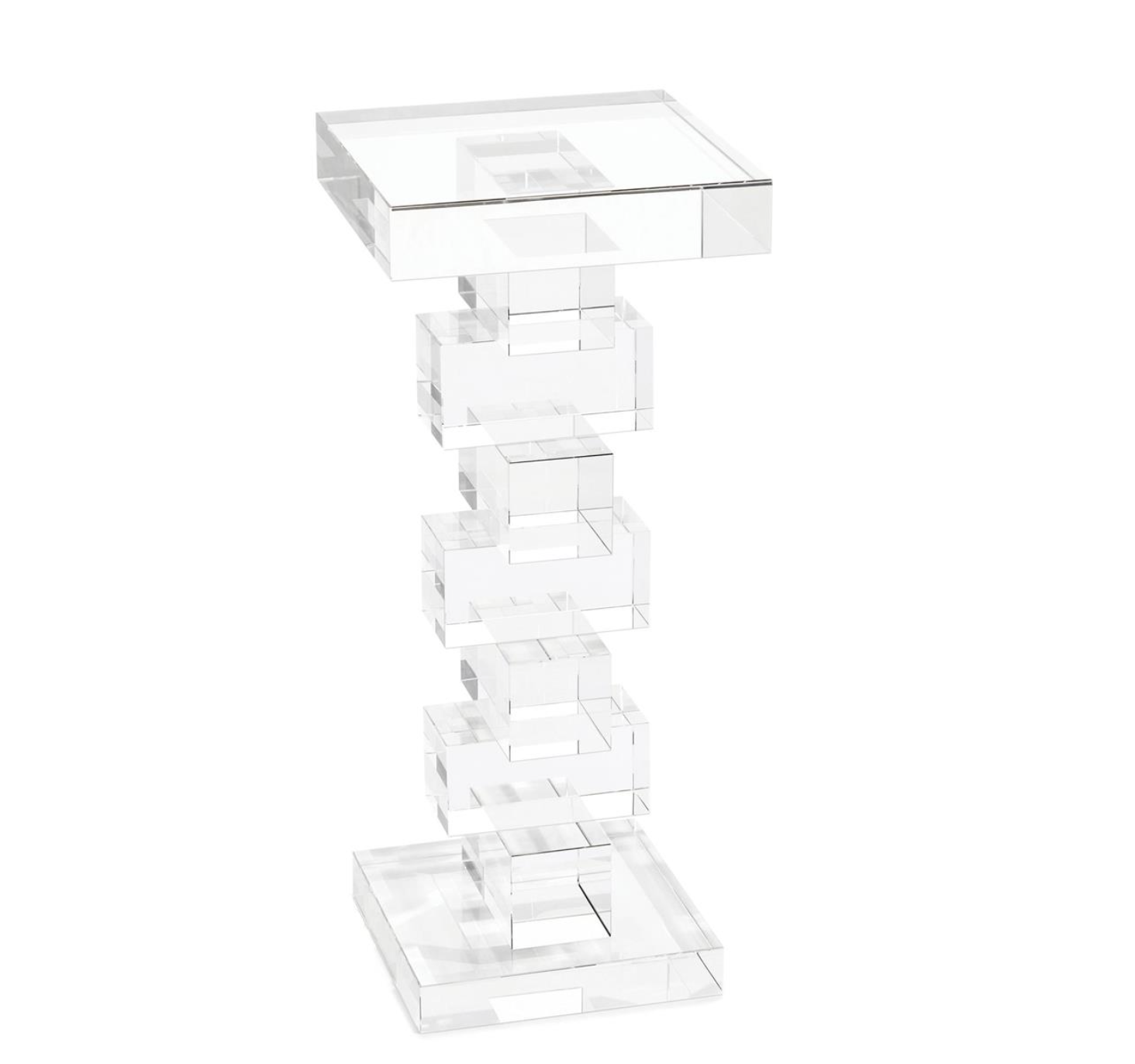 Clear crystalside table with a geometric design on a white background