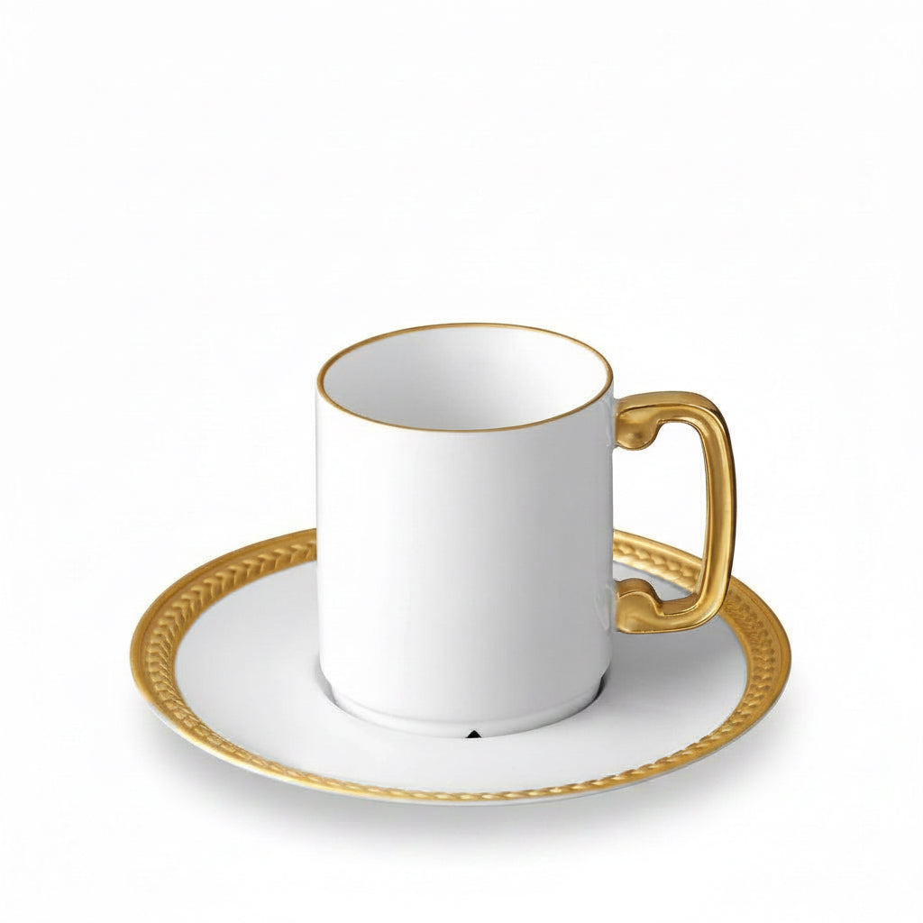 L'Objet Soie Tressee gold espresso cup and saucer, gift box of 6, view 3 | Cayen Home